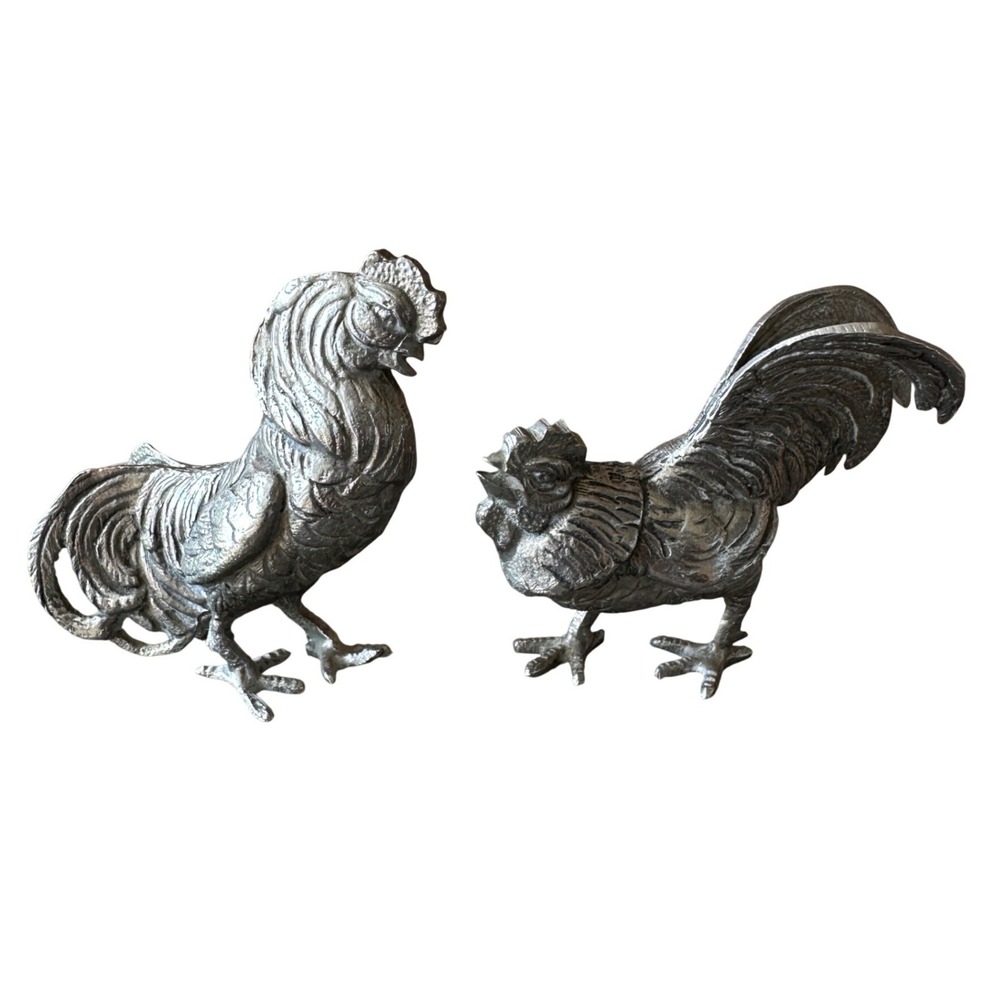 Vintage‎ Silver Tone Metal Rooster Figurines Set of 2 Farmhouse Decor Statues